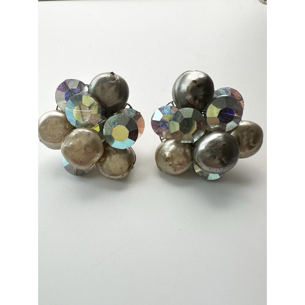 Vintage Vogue Faux Pearl Bead Cluster Rhinestone Clip on Earrings Silver Tone